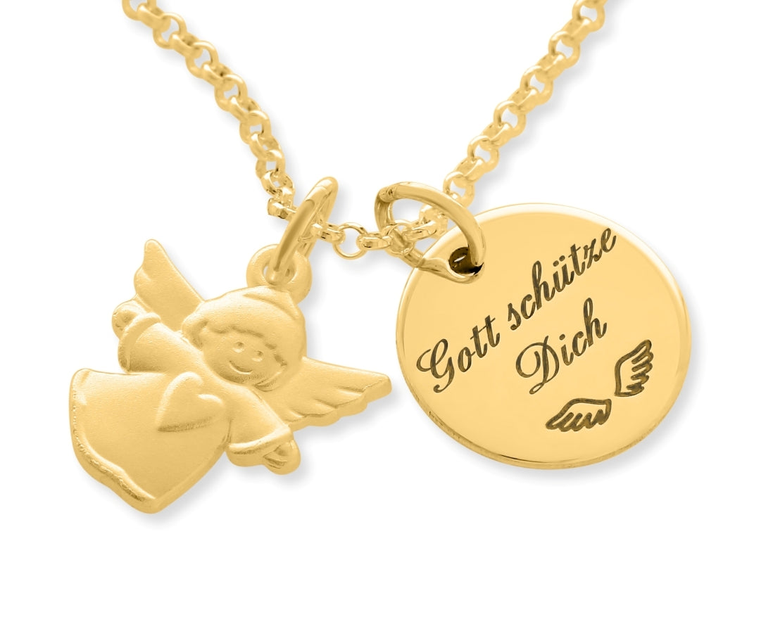 TAUFKETTE MIT GRAVUR & ENGEL ANHÄNGER VERGOLDET