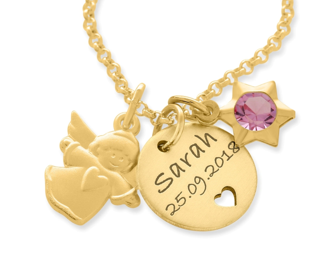 SCHUTZENGEL KETTE VERGOLDET STERN ANHÄNGER NAMENSGRAVUR