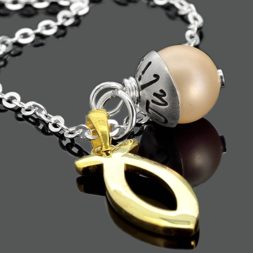 TAUFKETTE GOLD SCHMUCK ZUR TAUFE KETTE MIT TAUFFISCH & NAMEN ICHTHYS