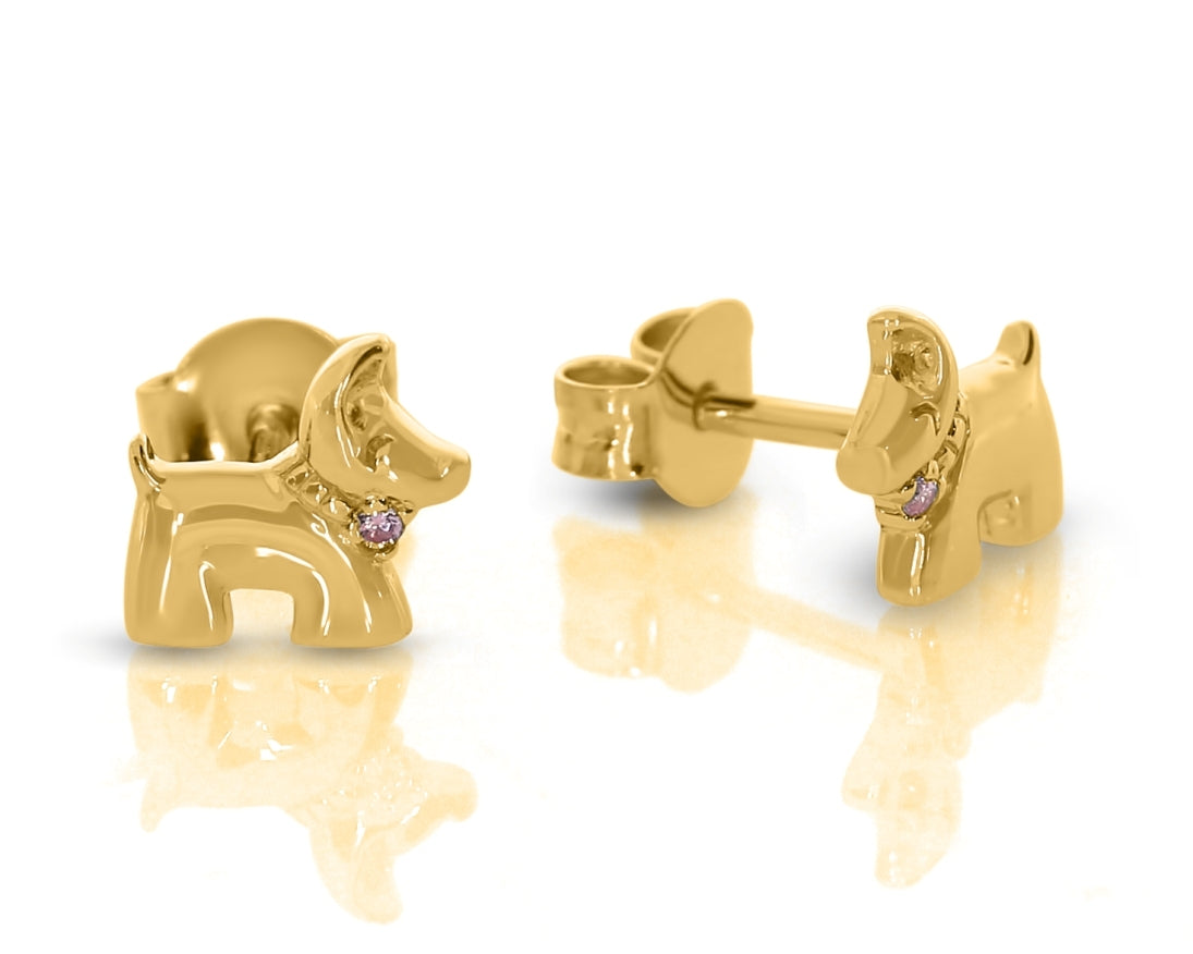 Damen & Kinder Ohrstecker Hund Design – Schwarze Emaille, 9k Gelbgold, Mit Geschenkbox