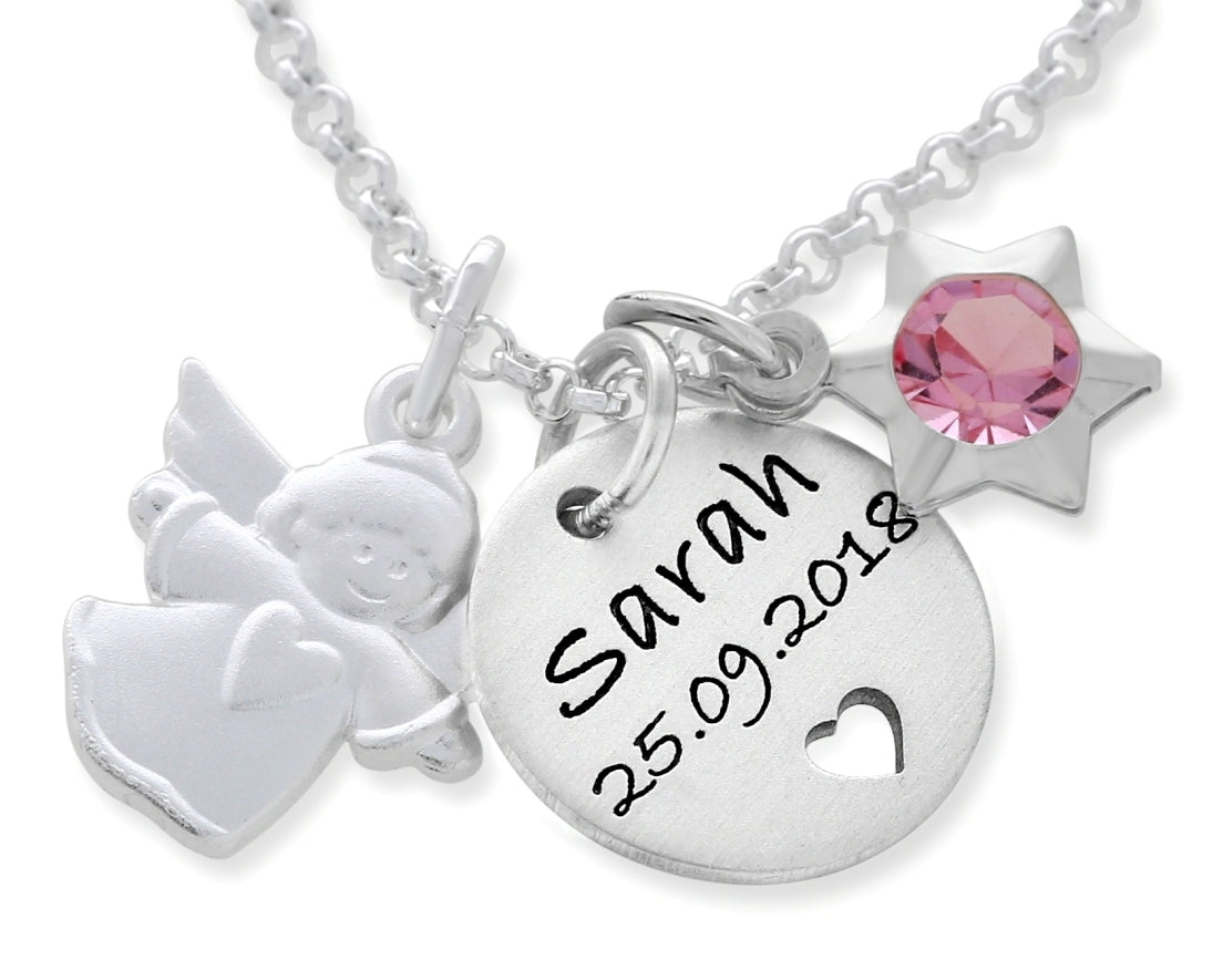 NAMENSKETTE SCHUTZENGEL STERN ANHÄNGER 925 SILBER KETTE GRAVUR